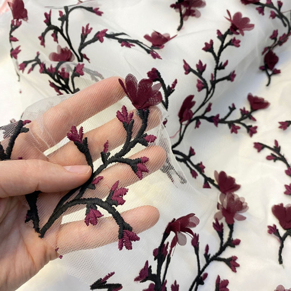 Гипюр вышивка 3D Flowers (марсала)