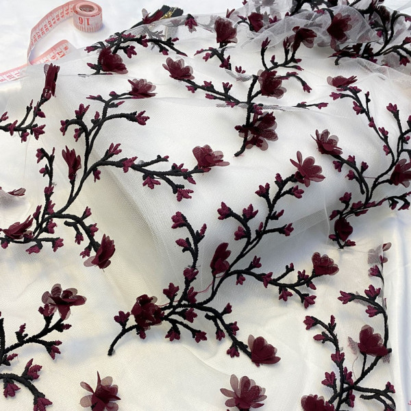 Ткань гипюр вышивка 3d flowers (марсала) (арт. 21295) вышивка марсала ✔ Цена от 160 грн → опт и розница