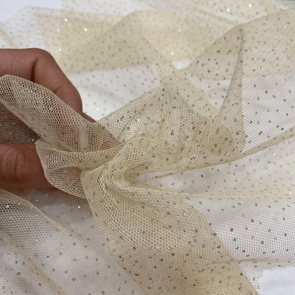 Ткань сетка с блестящим напылением (серебро на кремовом) (арт. 21889) однотонный крем ✔ Цена от 140 грн → опт и розница