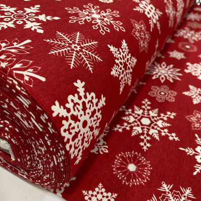 Скатерная ткань водоотталкивающая Снежинки (белые на красном)