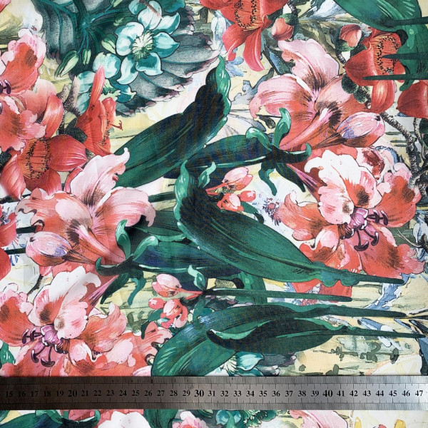 Ткань шифон винди принт (зеленые листья) (арт. 8508) fauna & flora print на кремовом фоне яркие зеленые листья и цветы ✔ Цена от