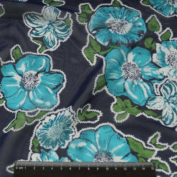 Шифон принт (цветы бирюзовые на т.синем) (арт. 3330) fauna & flora print ✔ Цена от 67 грн → опт и розница